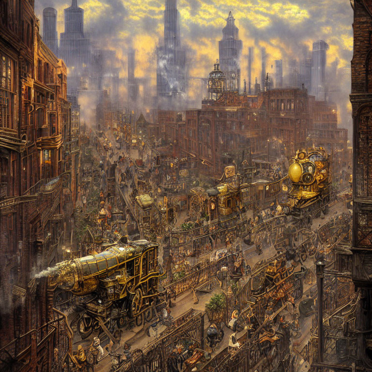 Detailed Steampunk Cityscape with Ornate Locomotives and Dense Architecture