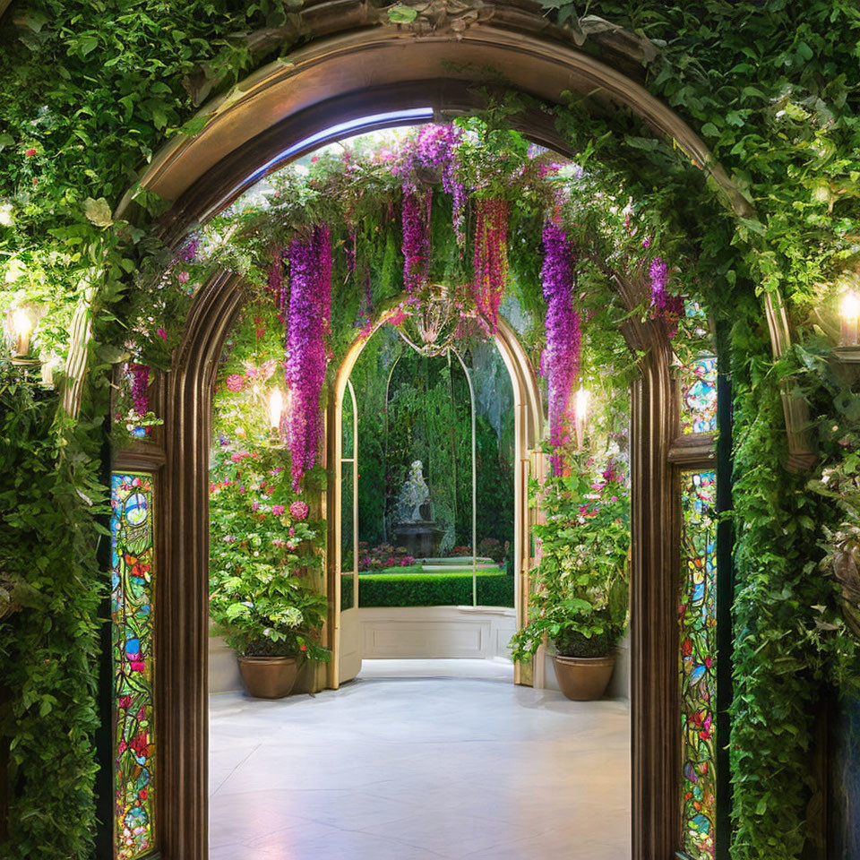 Arched Entrance with Green Vines, Purple Flowers, Garden Statue, and Stained-Glass Windows