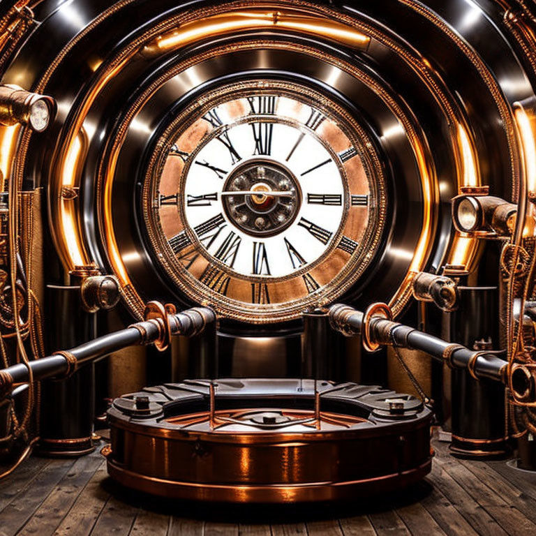 Steampunk-themed room with circular brass-toned vault door and pipes.