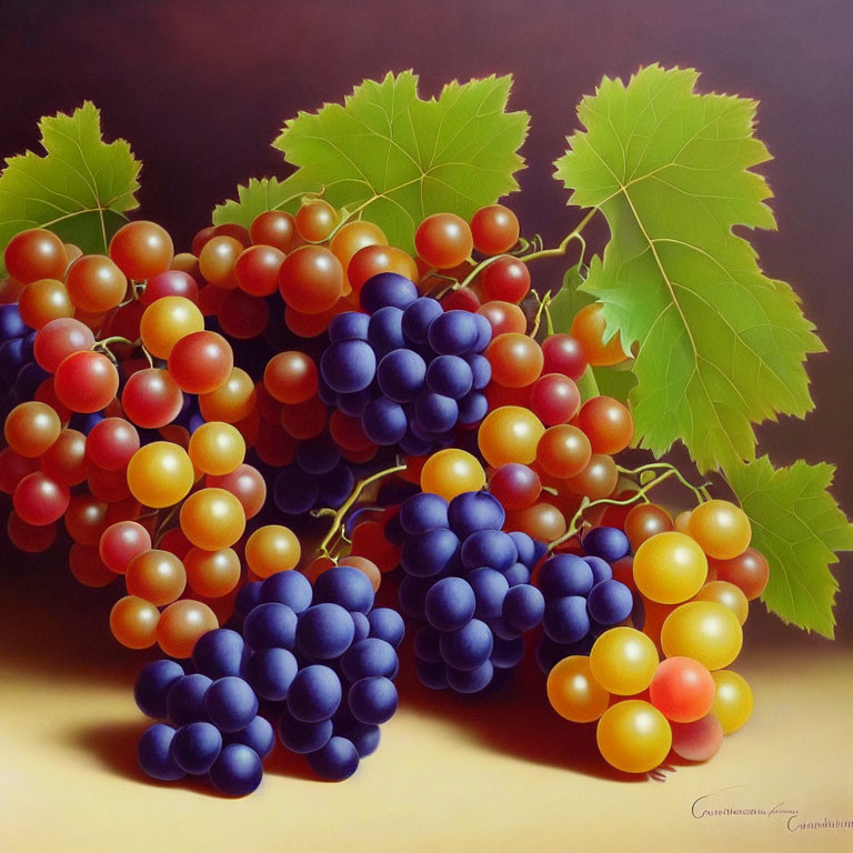 Ripe purple and green grapes with green leaves on brown background