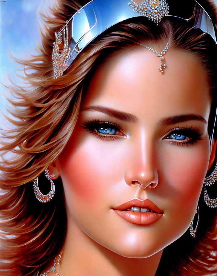 Portrait of woman with tanned skin, blue eyes, wavy brown hair, jeweled headpiece