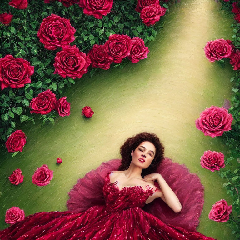 Woman in Red Dress Relaxing Among Lush Roses
