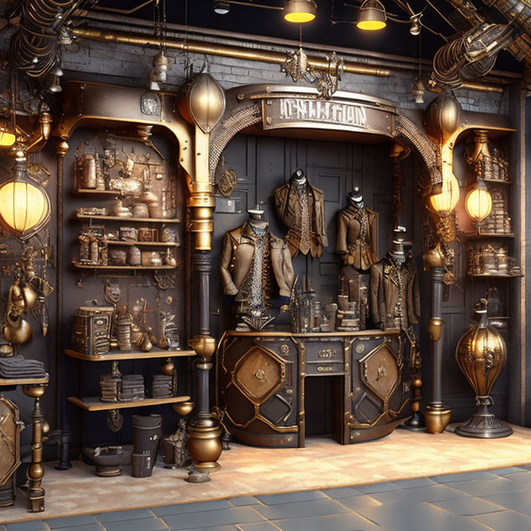 Vintage steampunk-themed shop with gears and pipes, warm golden lights