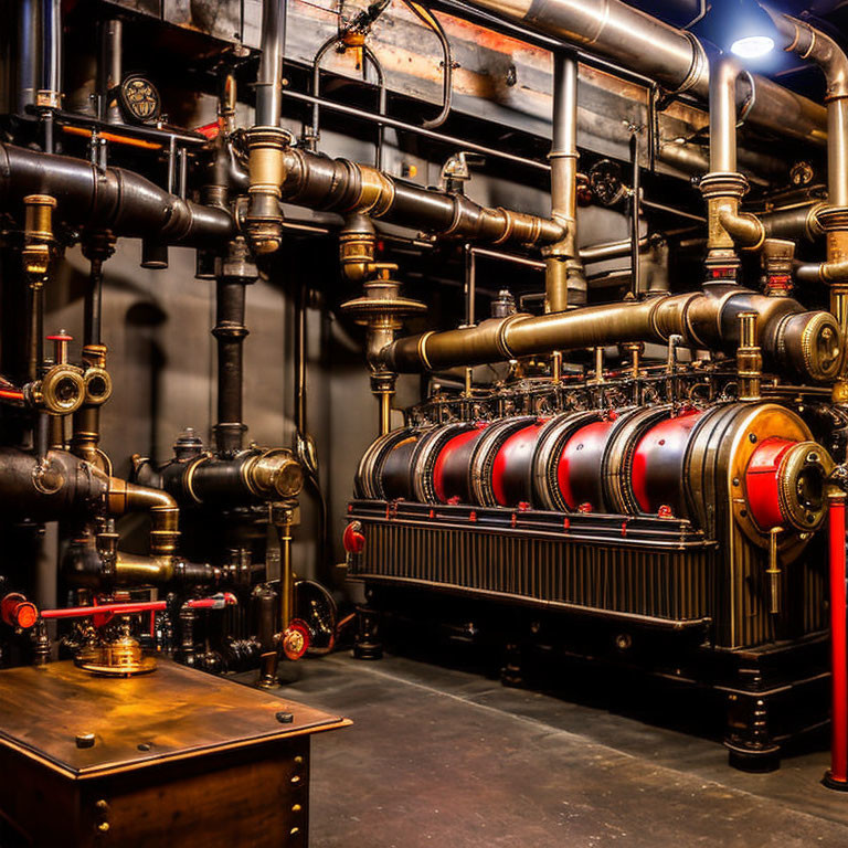 Vintage Industrial Machinery with Pipes and Gauges in Warmly Lit Room