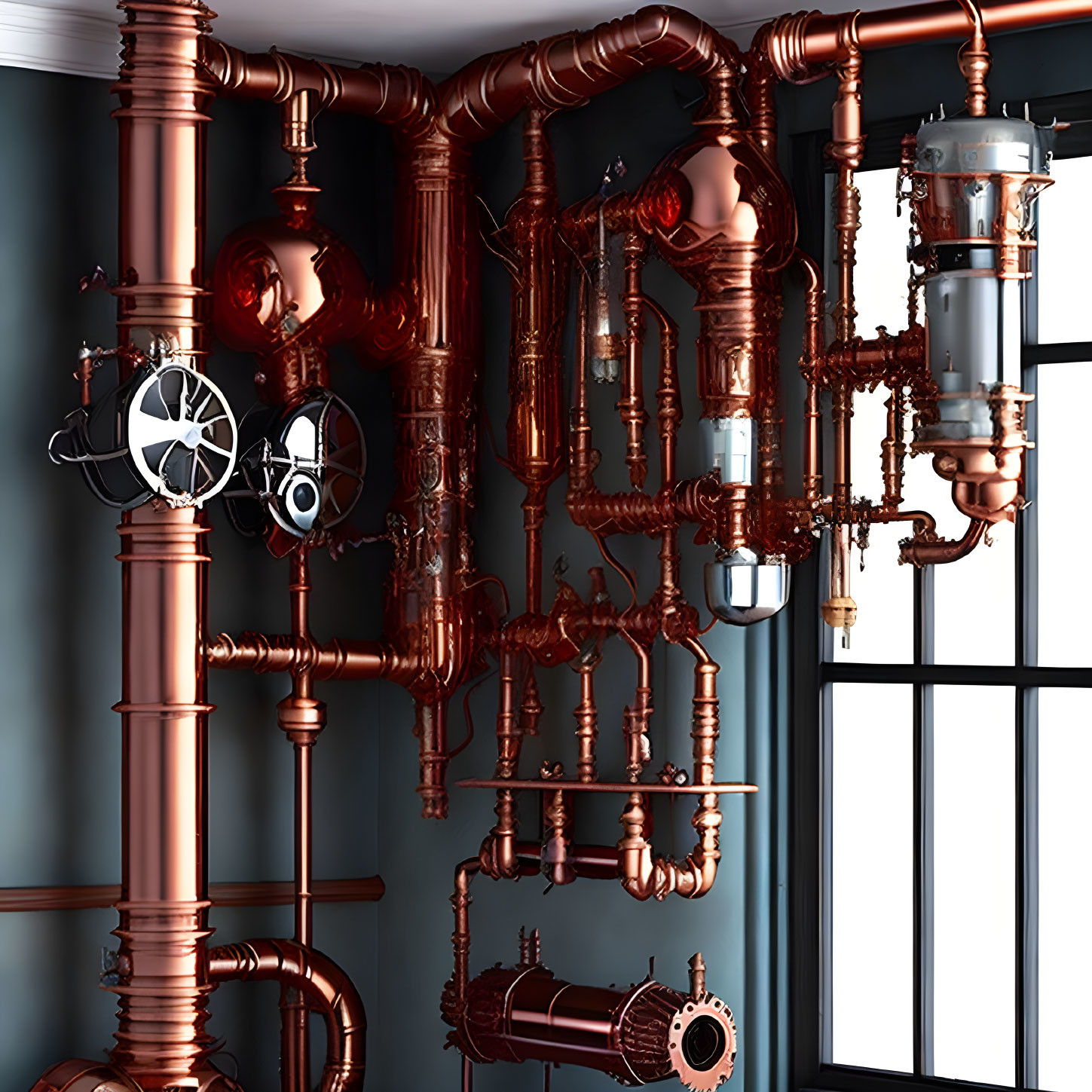 Polished Copper Pipes and Valves on Dark Wall: Modern Industrial Aesthetics