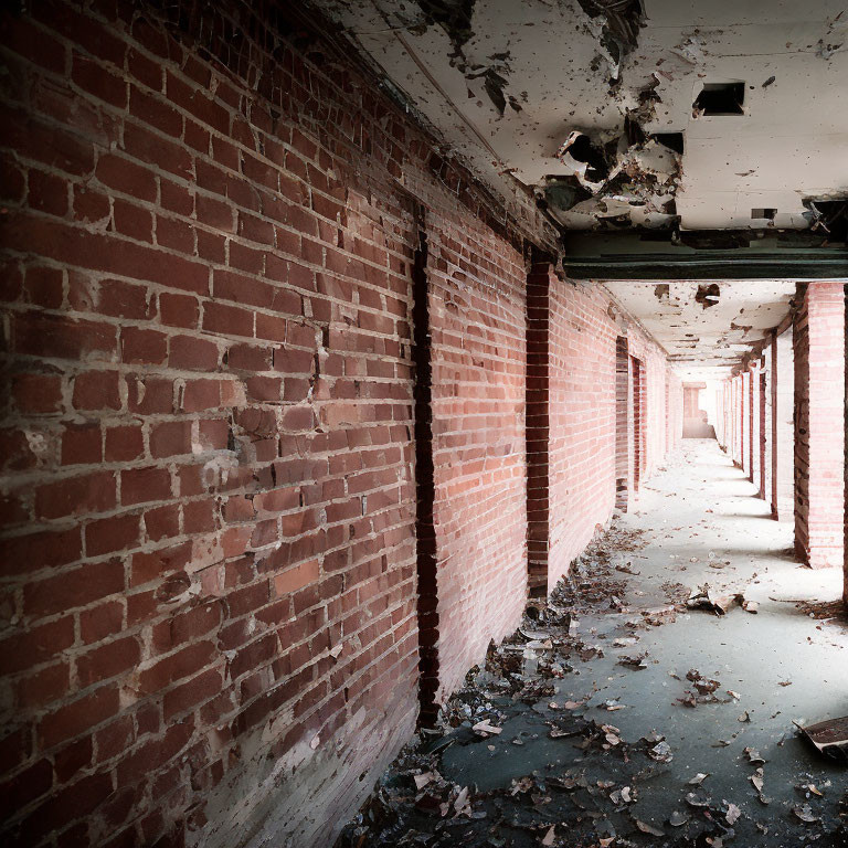 Decrepit corridor with red brick walls and debris, showcasing abandoned building decay.
