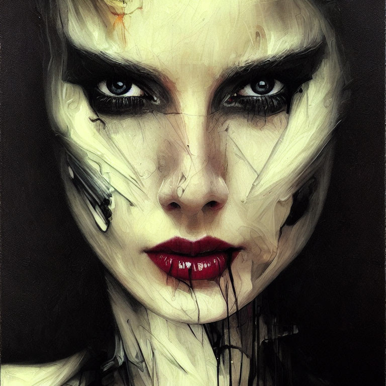 Portrait of woman with dramatic black and white makeup and red lips