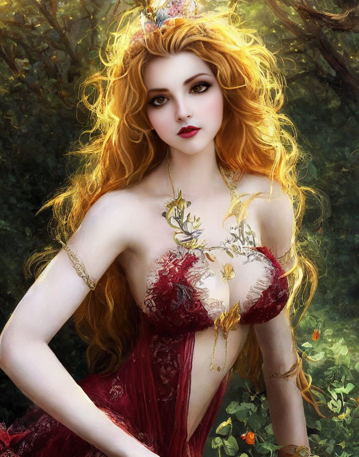 Digital artwork of woman with long wavy red hair in ornate red dress, set in lush forest