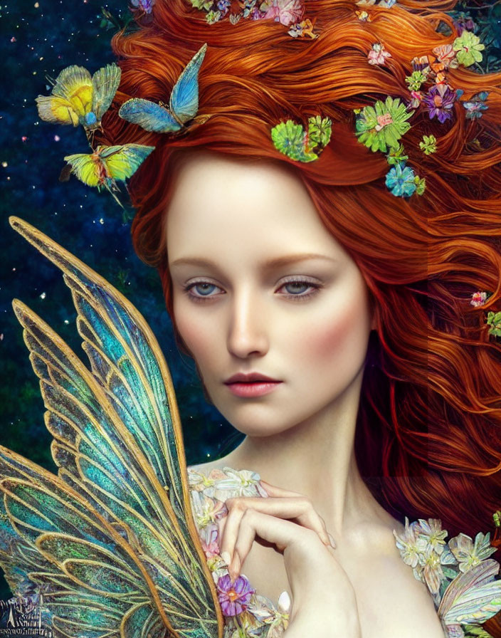 Vibrant red hair woman with flowers, butterflies, and fairy wing