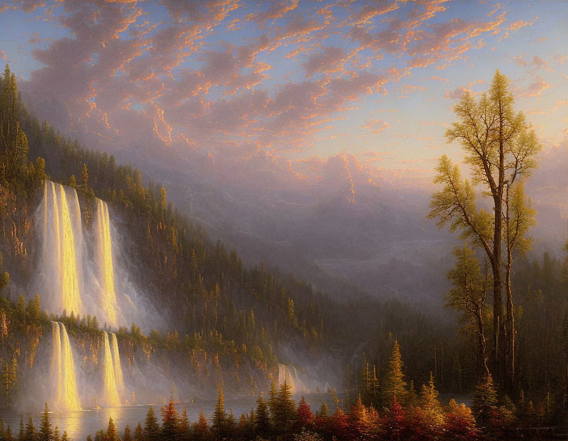 Majestic waterfall in serene forest landscape at sunrise or sunset