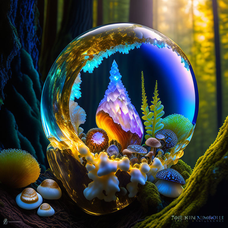 Vibrant micro-ecosystem with colorful mushrooms and flora in crystal ball