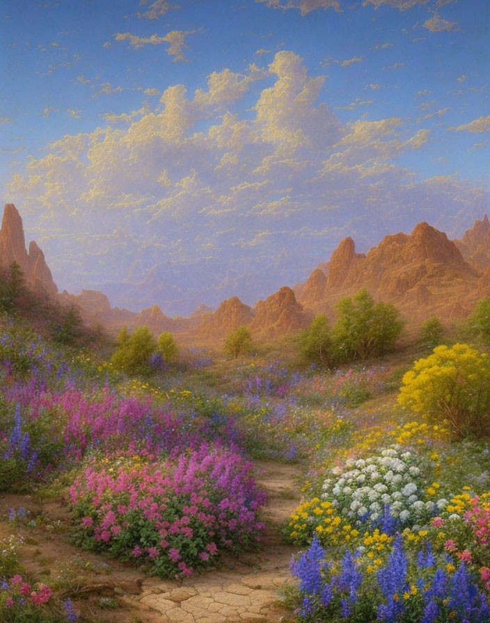 Vibrant wildflowers in scenic landscape with mountains and blue sky