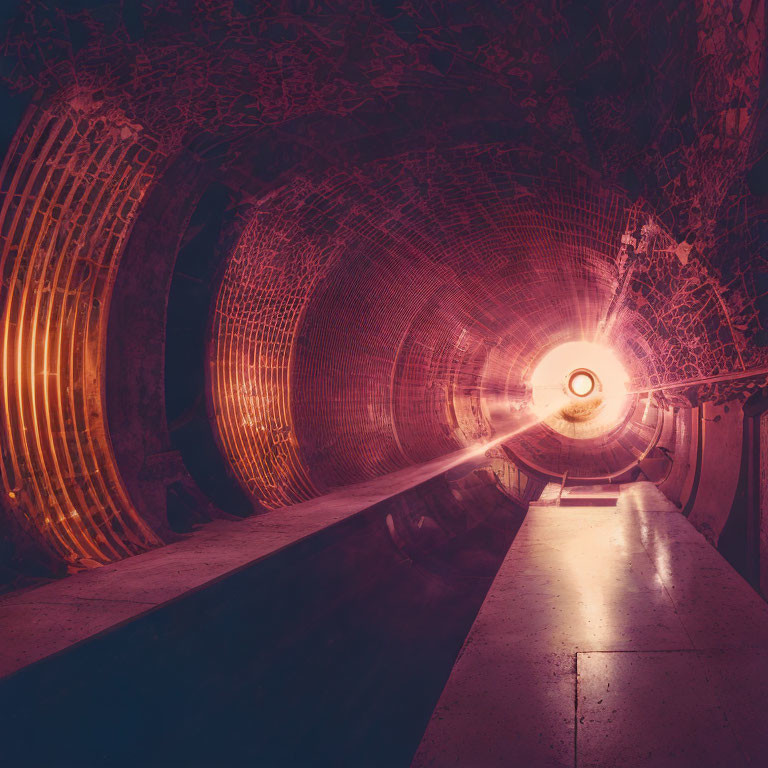 Arched tunnel structure with pinkish light and circular glow