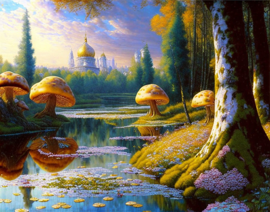 Fantastical landscape with oversized mushrooms, river, cathedral, and autumnal trees