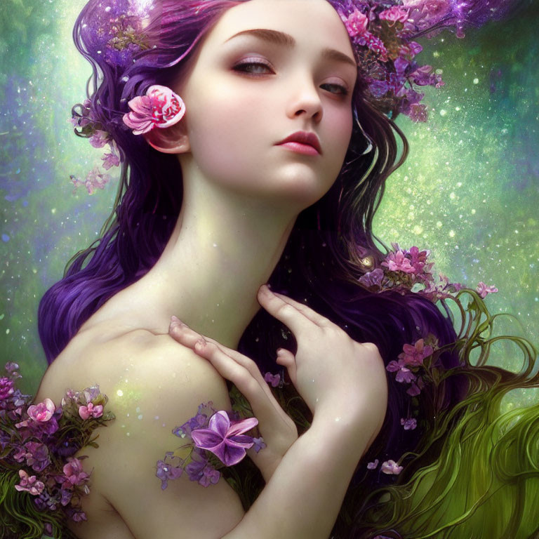 Fantasy portrait of woman with purple hair and floral adornments