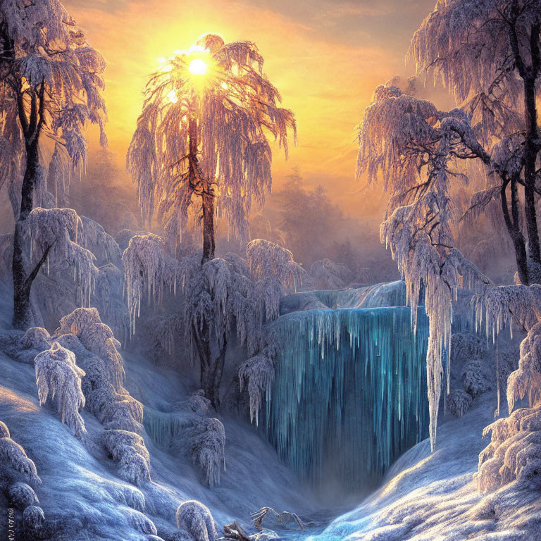 Winter sunrise landscape with frost-covered trees and frozen waterfall