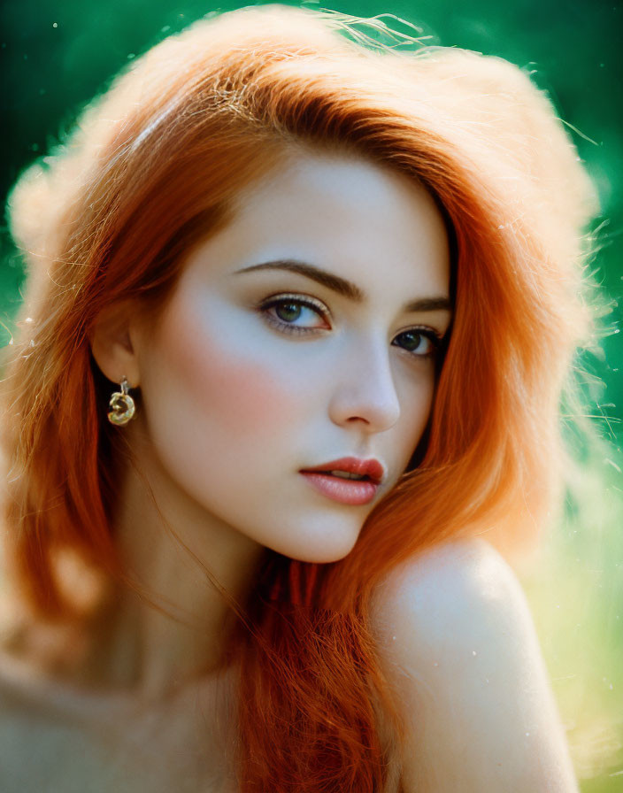 Fiery red-haired woman with blue eyes and earrings on soft green background