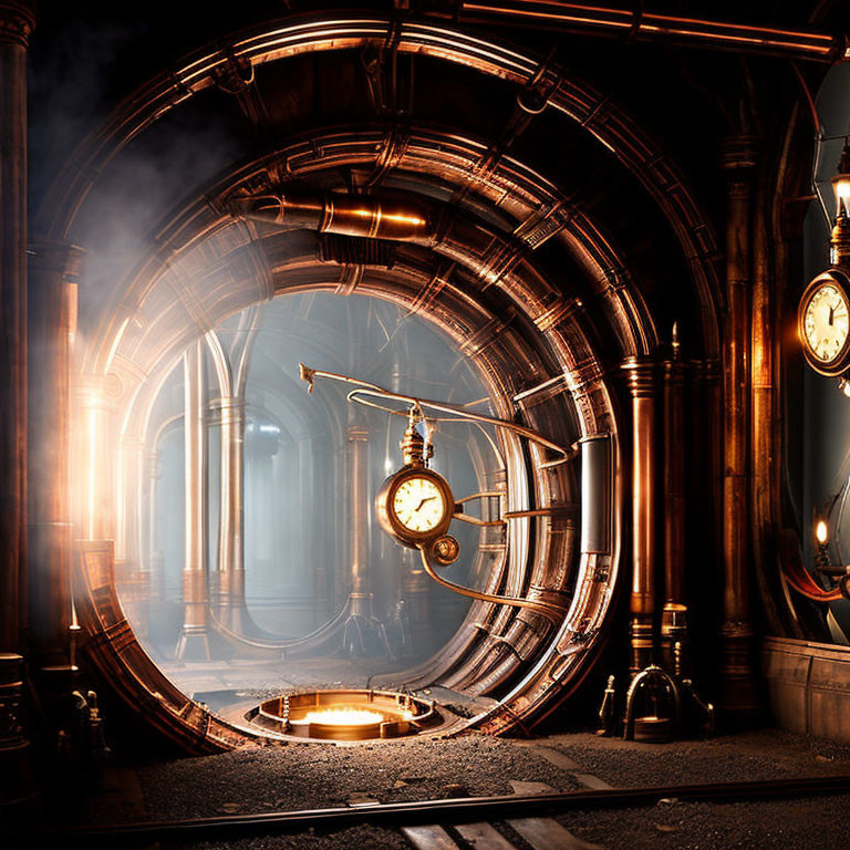 Steampunk-themed room with brass pipes, circular doorways, vintage clocks, and warm ambient glow