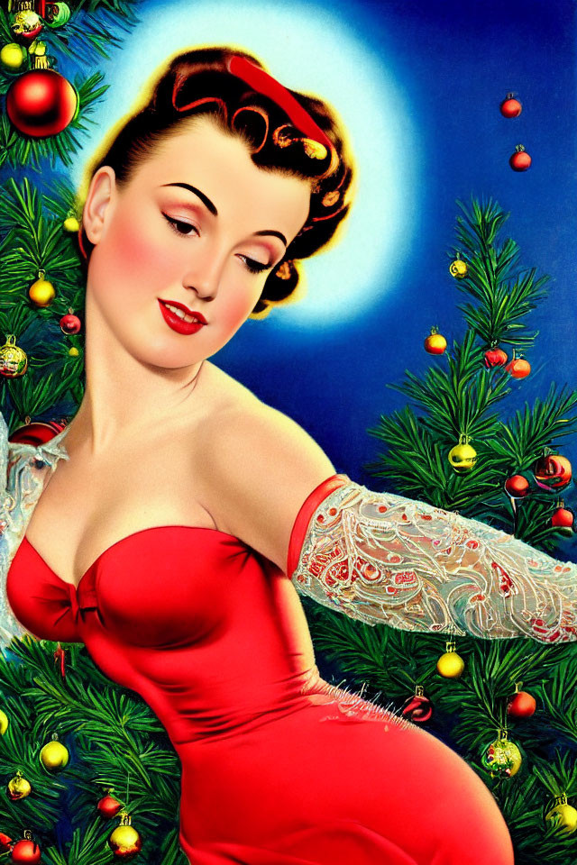 Classic Holiday Scene: Woman in Red Dress with Christmas Decorations
