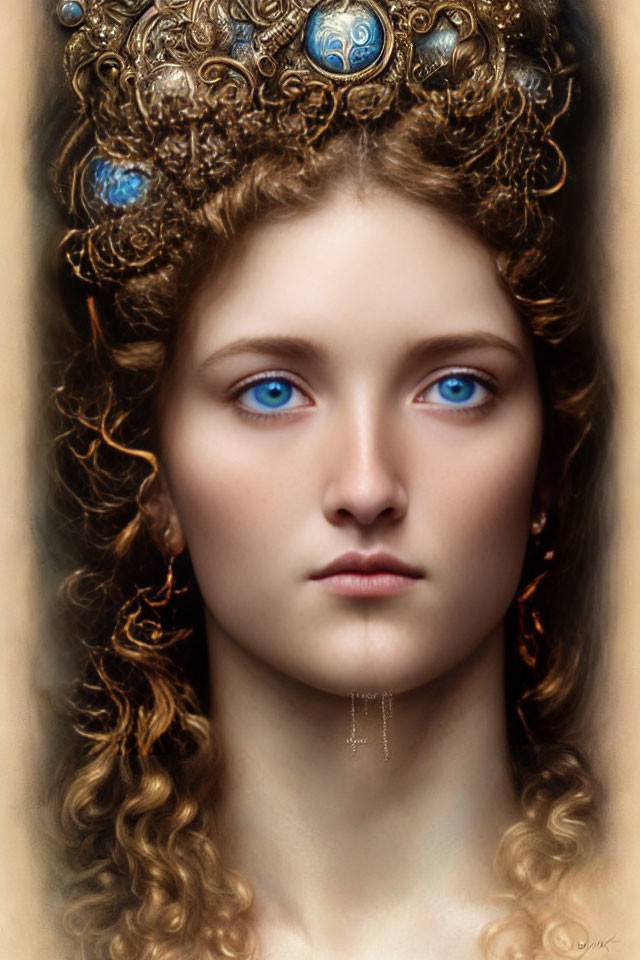 Portrait of Woman with Bright Blue Eyes and Decorative Golden Headpiece