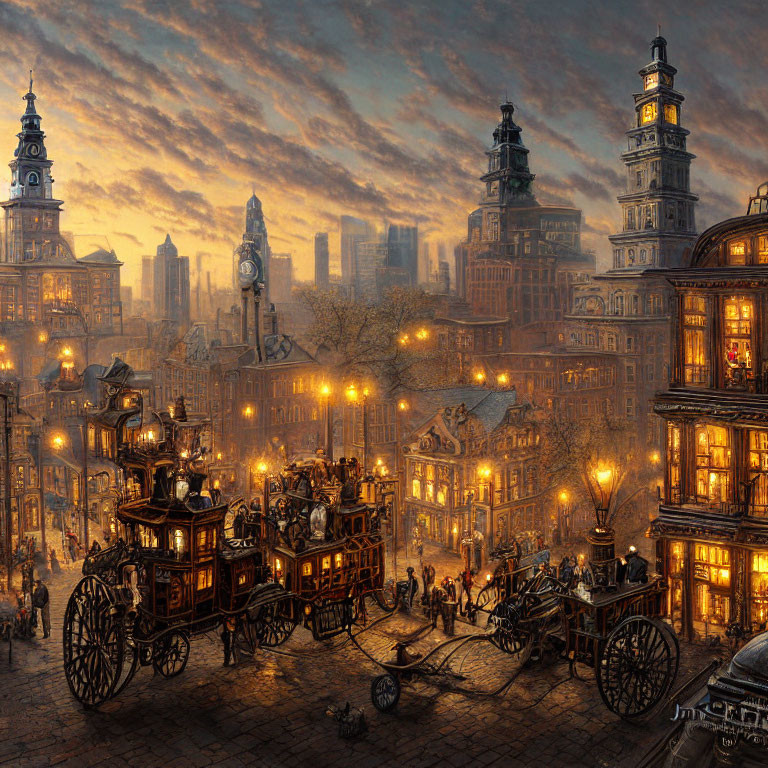 Victorian-era cityscape at dusk with horse-drawn carriages and gas lamps