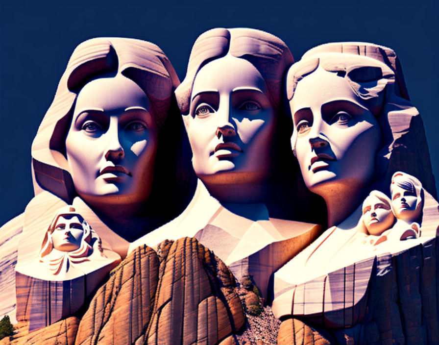 Digital Artwork: Mount Rushmore Transformed into Female Faces with Emotive Expressions