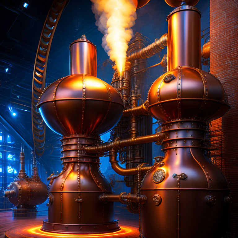Steampunk-themed interior with copper boilers, piping, and ambient lighting