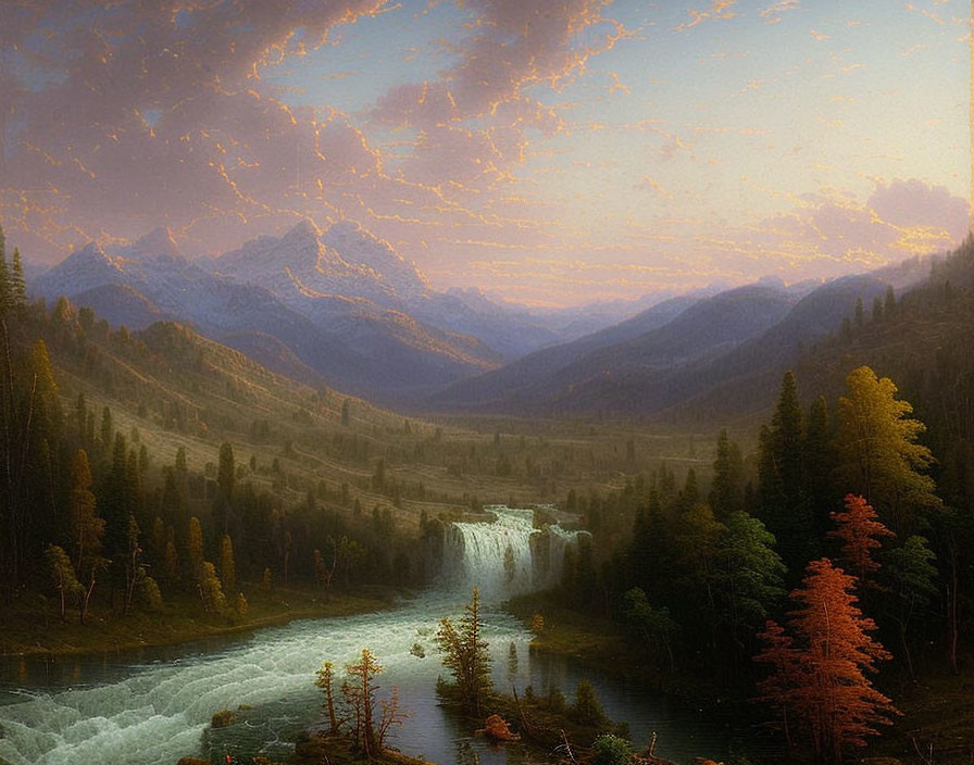 Tranquil landscape painting: waterfall, river, forested mountains, golden-lit sky