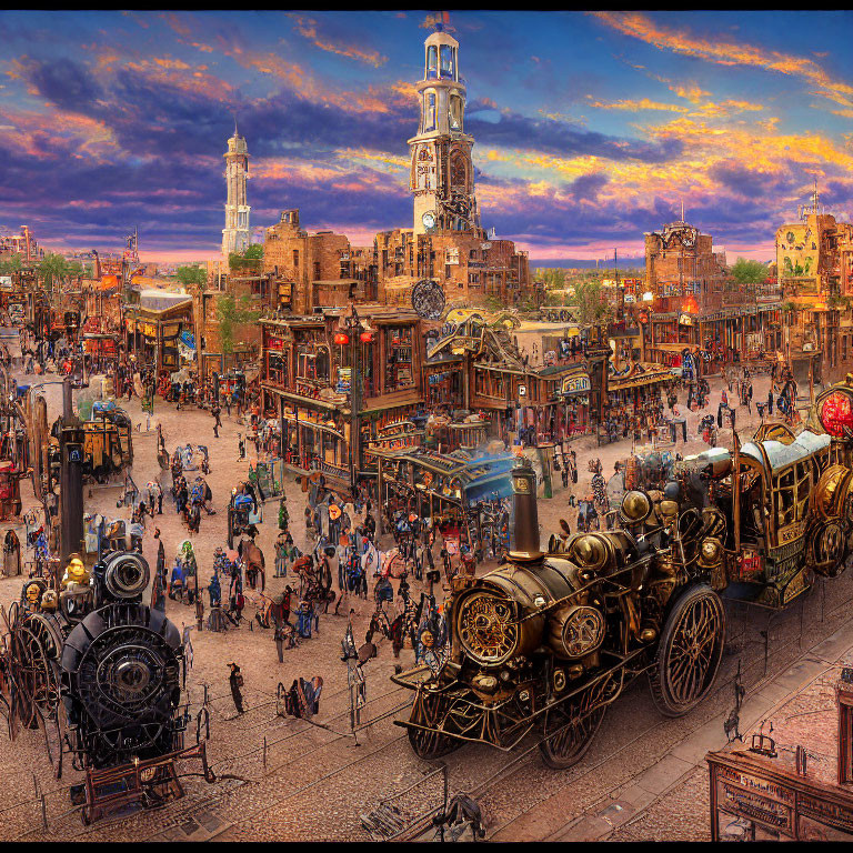 Steampunk-themed marketplace with steam locomotives, cobblestone streets, eclectic buildings, and