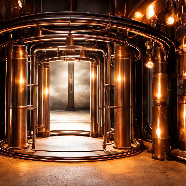 Circular Room with Copper Pipes and Glowing Doorway