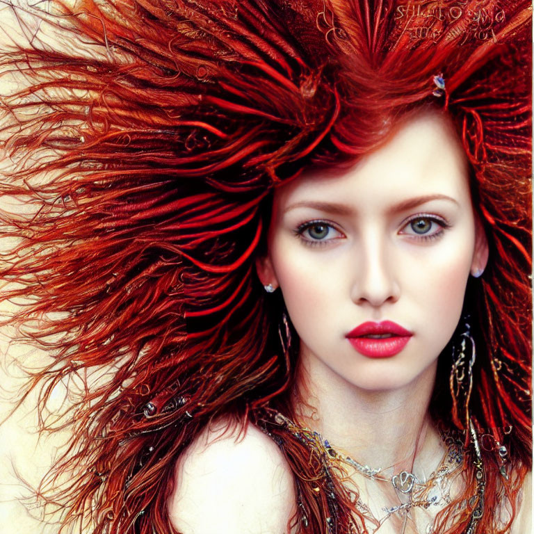 Close-up of woman with vibrant red hair, pale skin, green eyes, and shimmering jewelry