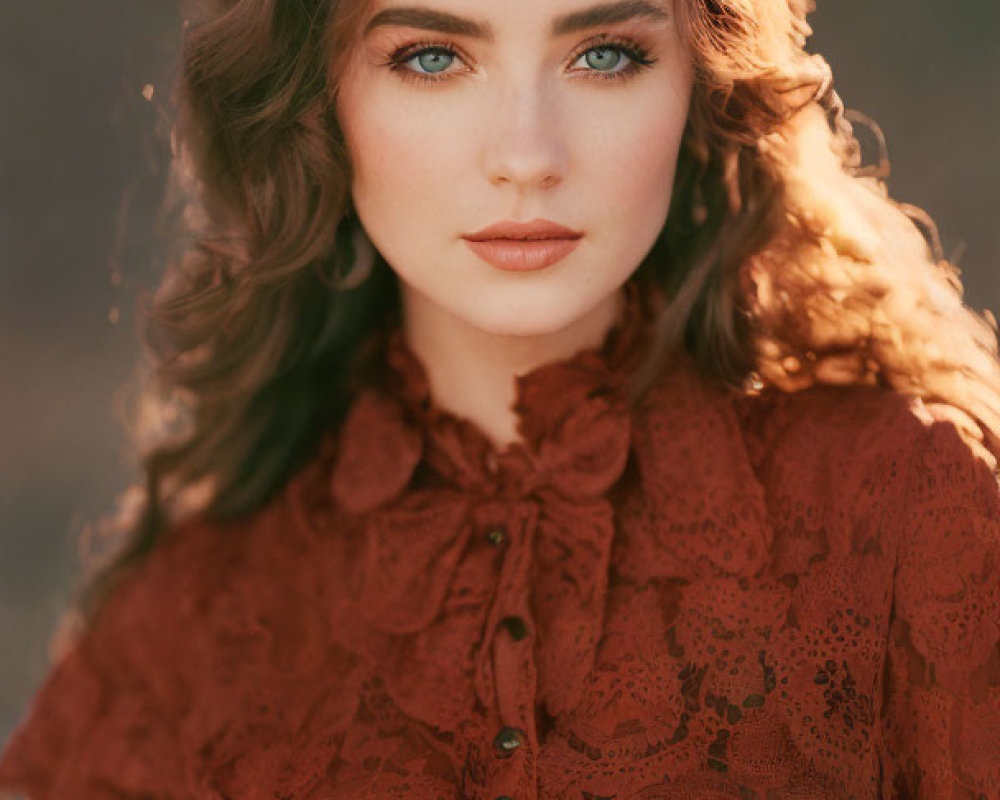 Portrait of Woman with Wavy Hair and Blue Eyes in Ruffled Lace Blouse