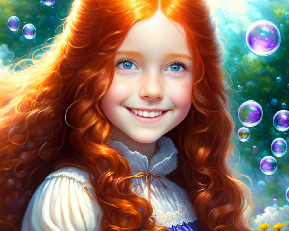 Smiling girl with red hair in whimsical outdoor scene
