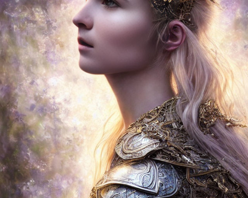 Blonde woman in golden armor and crown on purple background