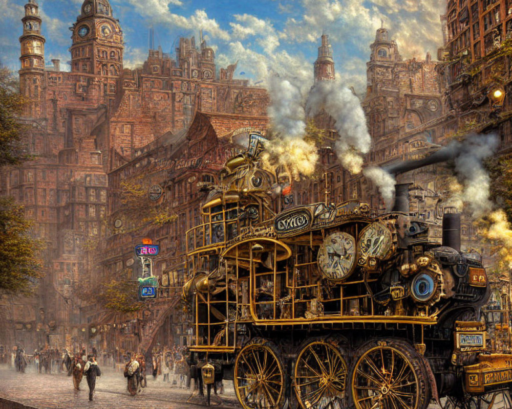 Victorian-era steam bus on cobblestone street with clock tower and pedestrians.