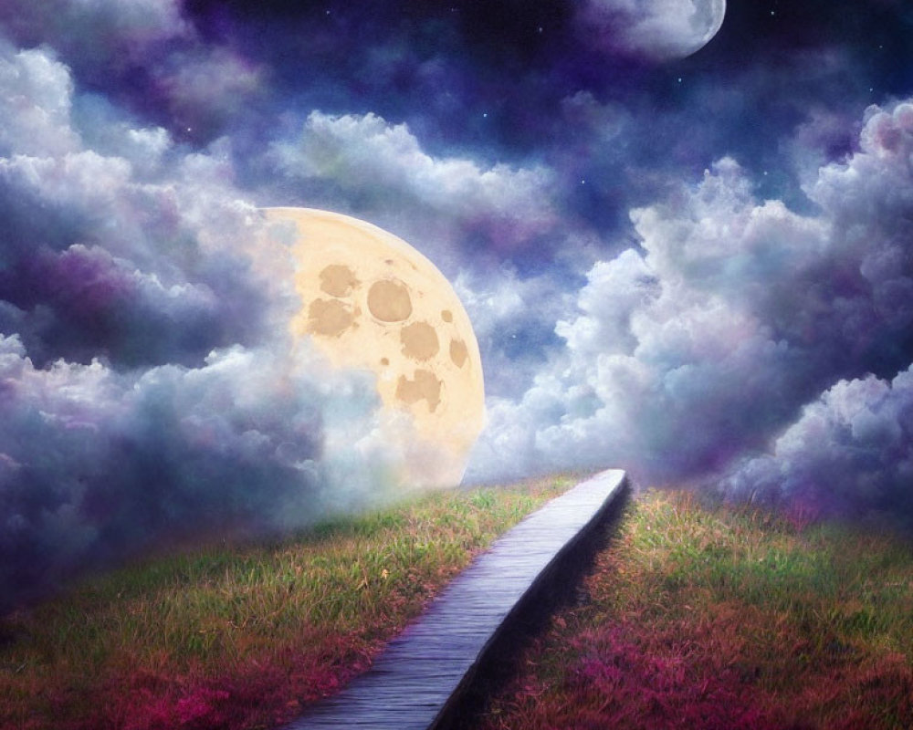Surreal painting of wooden pathway to detailed moon in starry sky