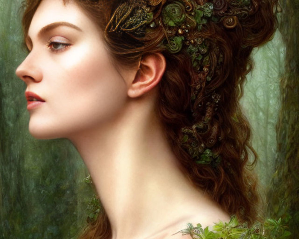 Intricate headdress resembling forest branches and leaves on a woman in misty woodland.