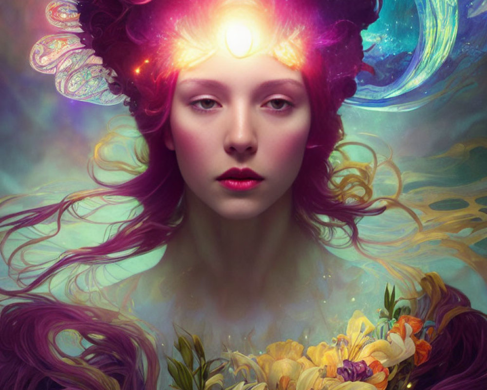Vibrant surreal portrait of woman with purple hair and glowing forehead