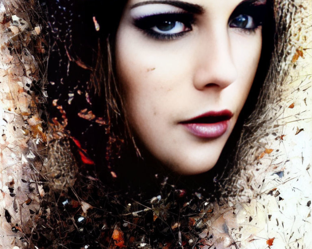 Portrait of a Woman with Striking Eyes and Autumn Leaves Overlay
