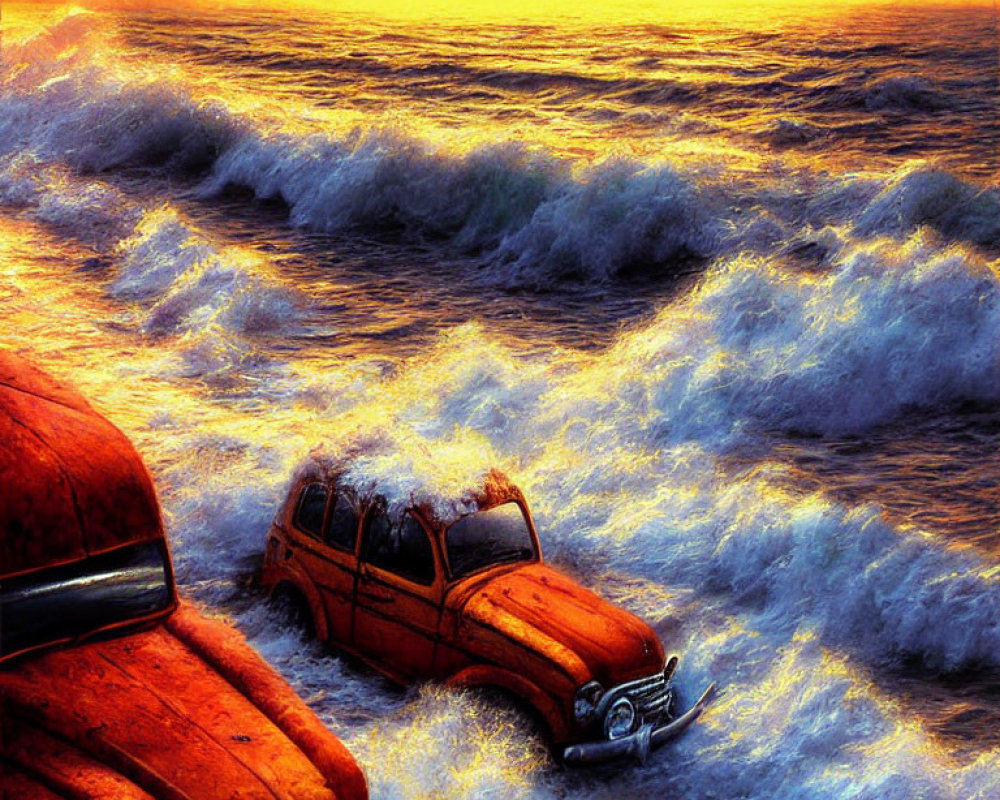 Vintage Cars Submerged in Turbulent Sea Waves at Sunset