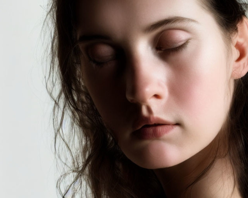 Portrait of woman with closed eyes, fair skin, and curly hair on neutral background
