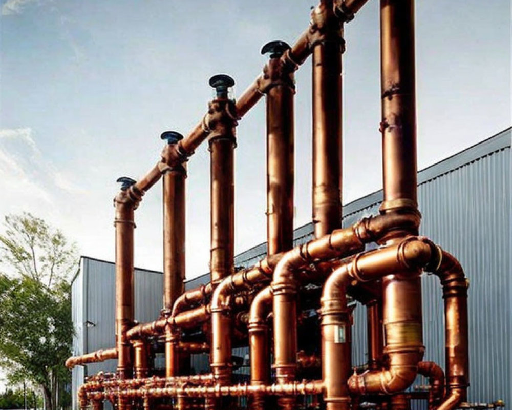 Industrial building with large pipes, bends, and red valves under clear sky