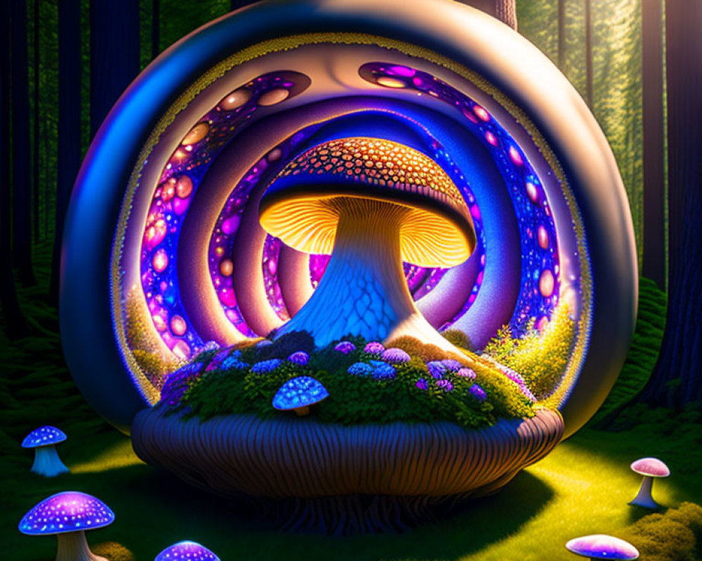 Luminous mushroom digital artwork in mystical forest