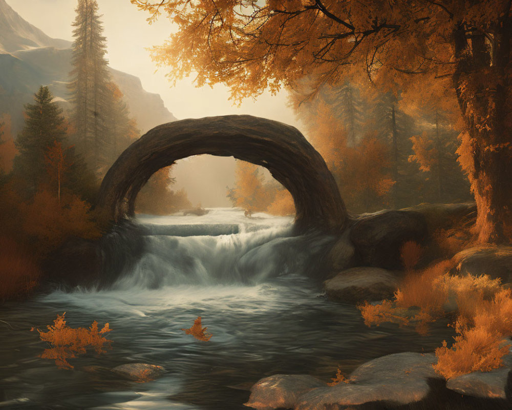 Scenic autumn landscape with stone bridge, river, golden trees