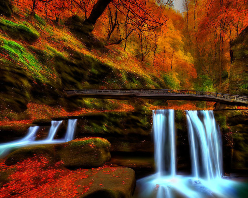 Autumn Scene: Wooden Bridge, Twin Waterfalls, Fiery Foliage