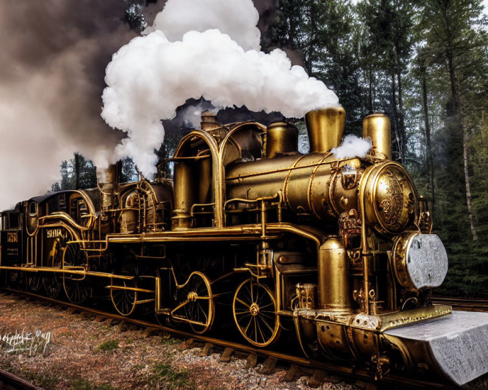 Vintage Steam Locomotive with Billowing Smoke on Tracks in Forest Setting
