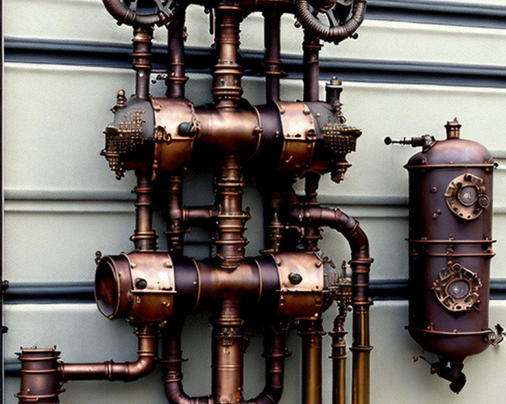 Intricate Steampunk Copper Pipes and Valves on Metal Wall