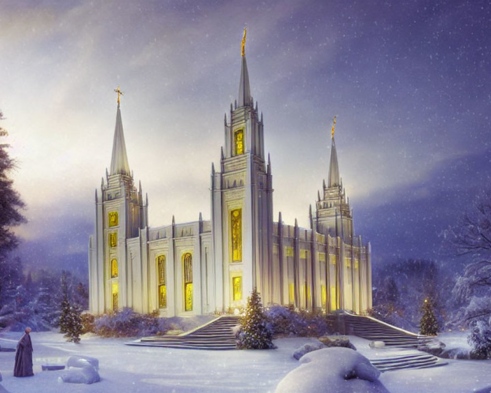 Illuminated church with twin spires in winter landscape