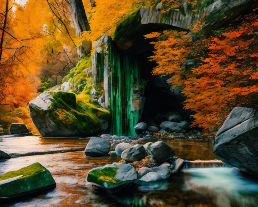 Tranquil autumn waterfall with vibrant foliage and moss-covered rocks