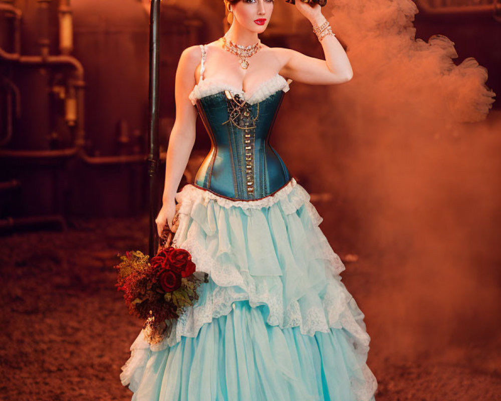 Steampunk-inspired woman in blue corset gown with top hat and telescope against industrial backdrop